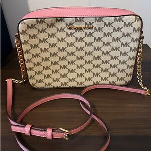 Michael Kors Pink Trim MK Logo Canvas Crossbody